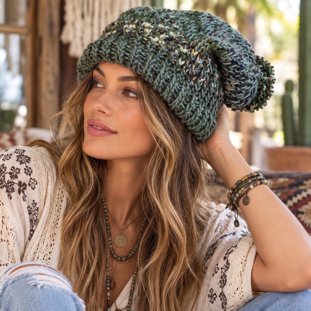 Vintage Handmade Green Knit Slouchy Pom-Pom Beanie Hat Marled